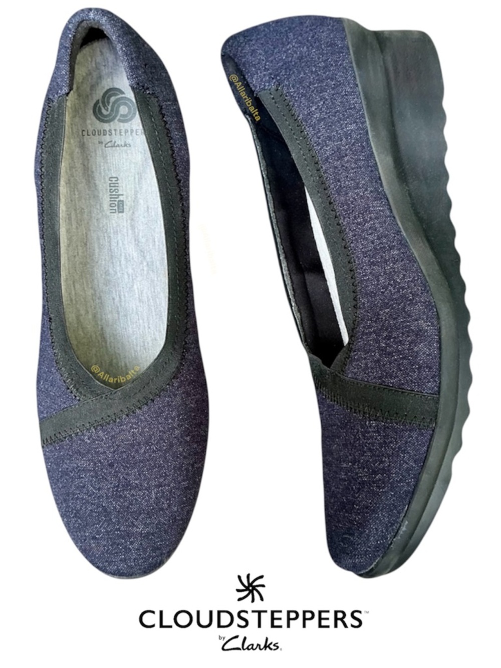 Clarks Cloud Steppers Caddell Dash Low Wedge Pumps SHOES Navy Heather Sz 9.5 EUC